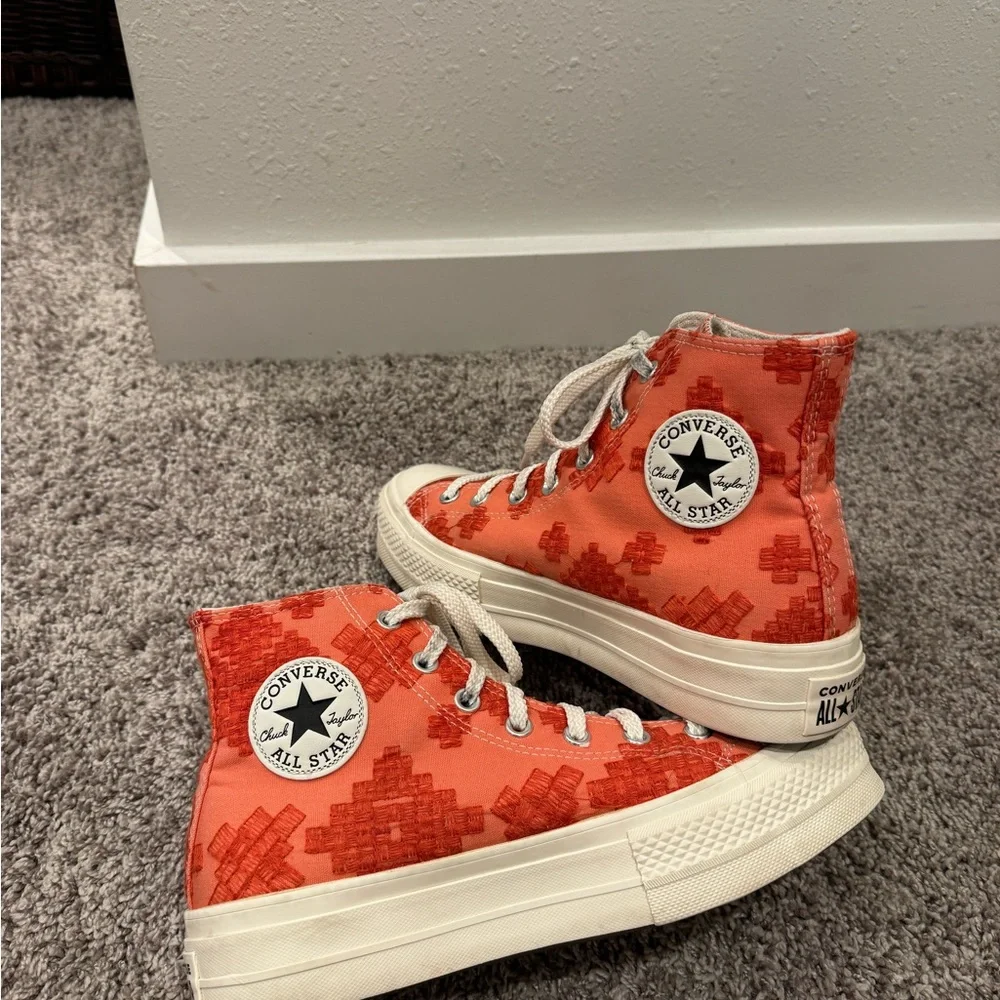 Unique peach orange Converse platform high tops size 9 embroidery design